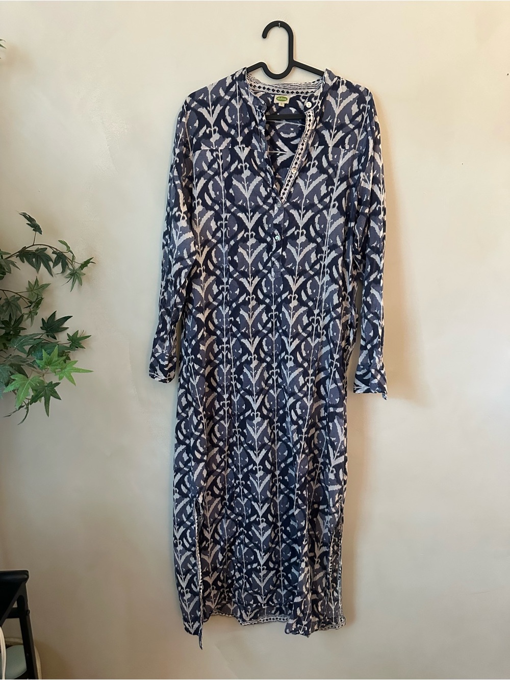 Dolma Navy and White Printed Long Sleeve Maxi Dress Large 100% Cotton